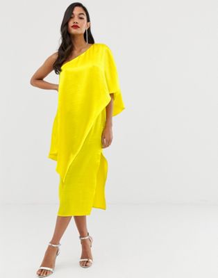 yellow one shoulder midi dress