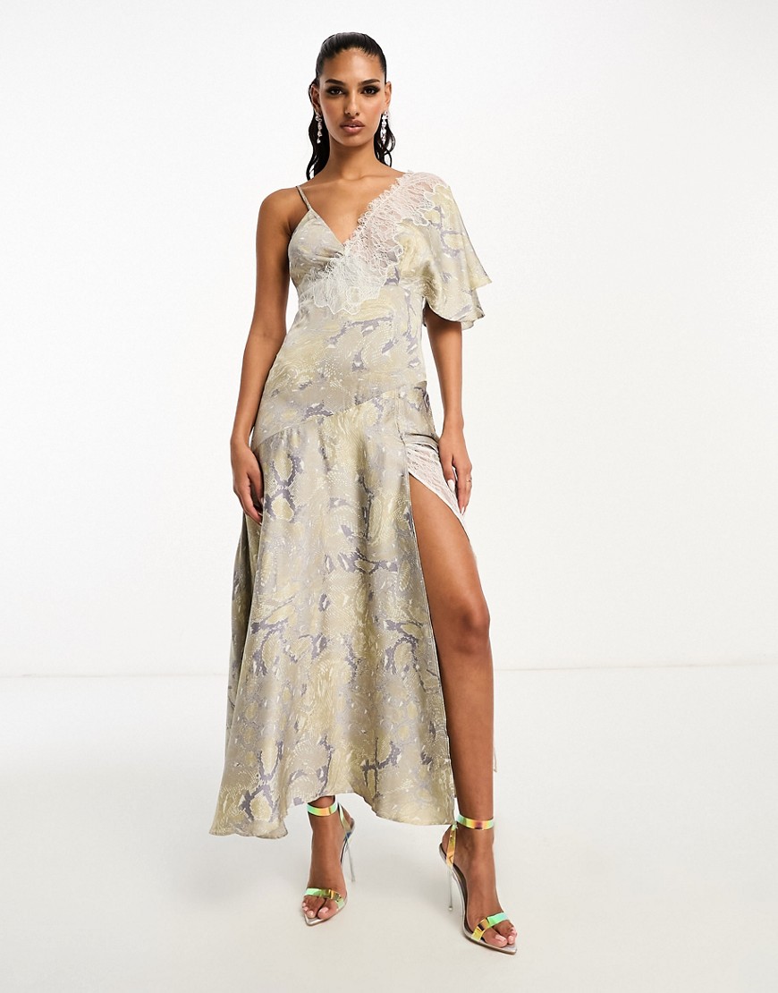 ASOS DESIGN satin one shoulder midi dress with lace inserts in snake print-Multi