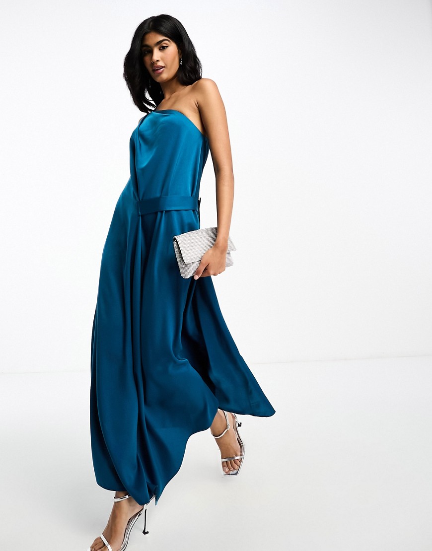 ASOS DESIGN satin one shoulder midi dress with wrap waist detail in teal-Blue