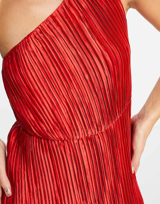 ASOS DESIGN satin one shoulder pleat detail midaxi dress in red | ASOS