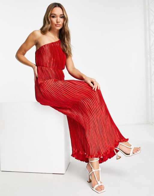 ASOS DESIGN satin one shoulder pleat detail midaxi dress in red | ASOS