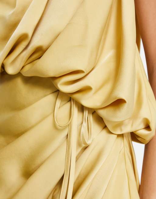 ASOS DESIGN satin one-shoulder ruched midaxi dress with high split in gold, 3 of 4
