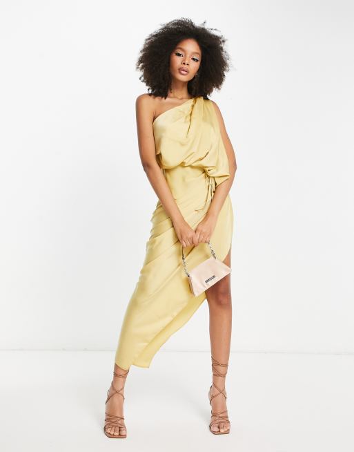 ASOS DESIGN satin one shoulder ruched midaxi dress with high split in gold