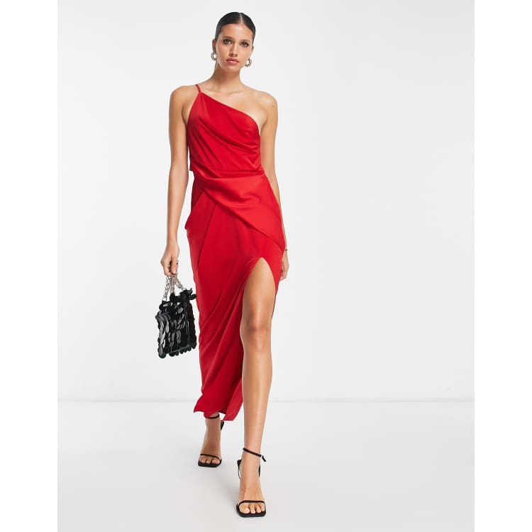 ASOS DESIGN satin one shoulder strappy red midi dress with slit