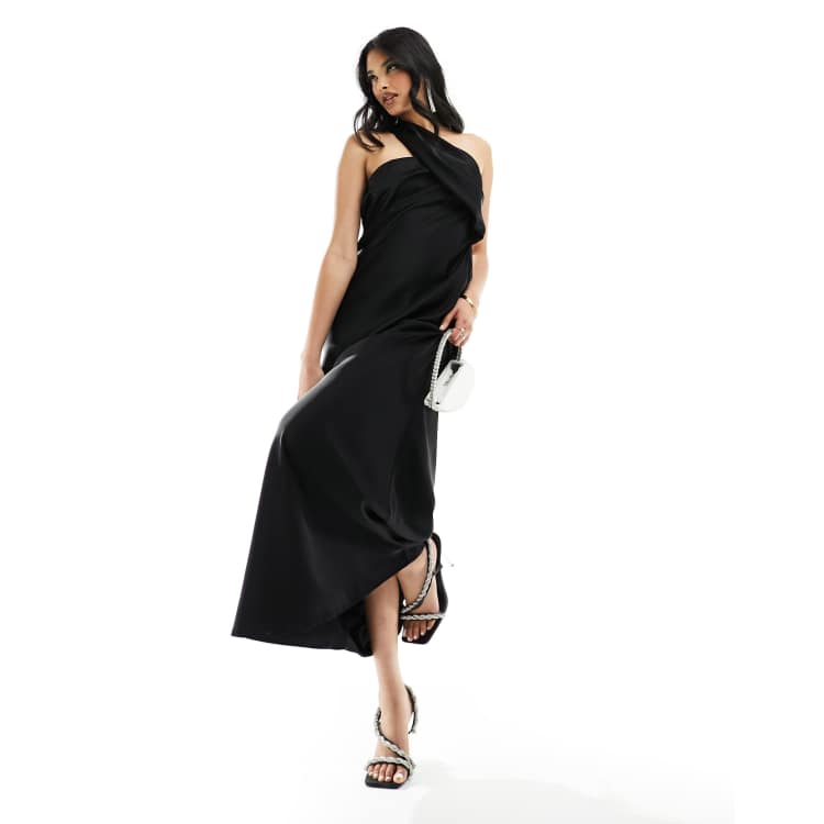 ASOS DESIGN satin one shoulder wrap maxi dress with open
