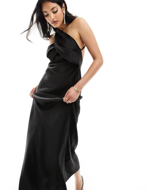 ASOS DESIGN satin one shoulder wrap maxi dress with open back in black