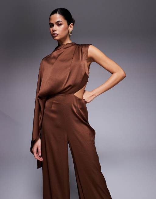 ASOS DESIGN satin one sleeve cut out jumpsuit in chocolate
