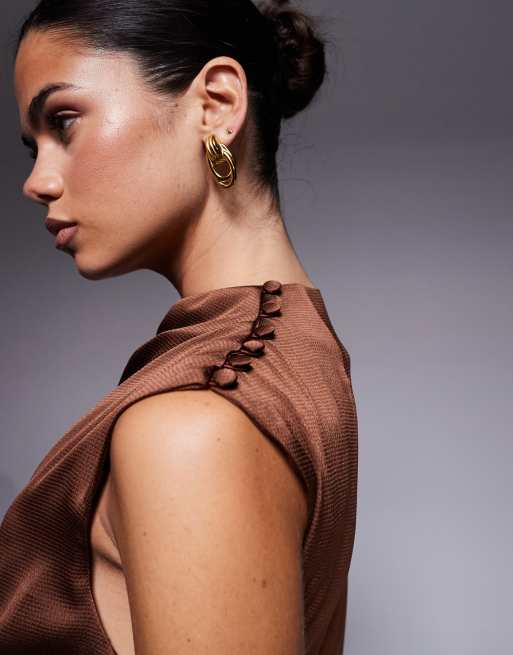 ASOS DESIGN satin one sleeve cut out jumpsuit in chocolate