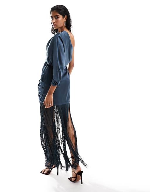 ASOS DESIGN satin one sleeve ruched maxi dress with fringe ASOS DESIGN satin one sleeve ruched maxi dress with fringe
