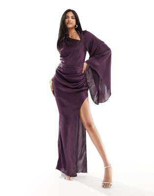 Asos Design Satin One Sleeve Scarf Neck Maxi Dress In Purple