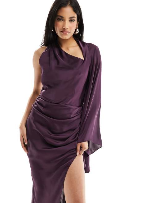 ASOS DESIGN satin one sleeve scarf neck maxi dress in purple