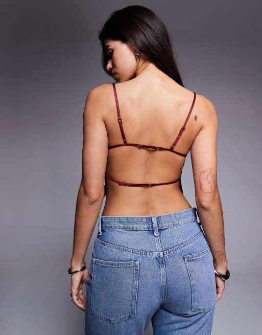 ASOS DESIGN satin open back strappy top in burgundy in scuba-style fabric, 4 of 4
