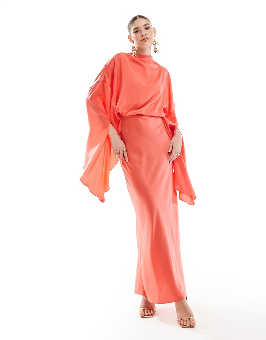 Asos Design Satin Overlay Detail Maxi Dress In Coral-pink