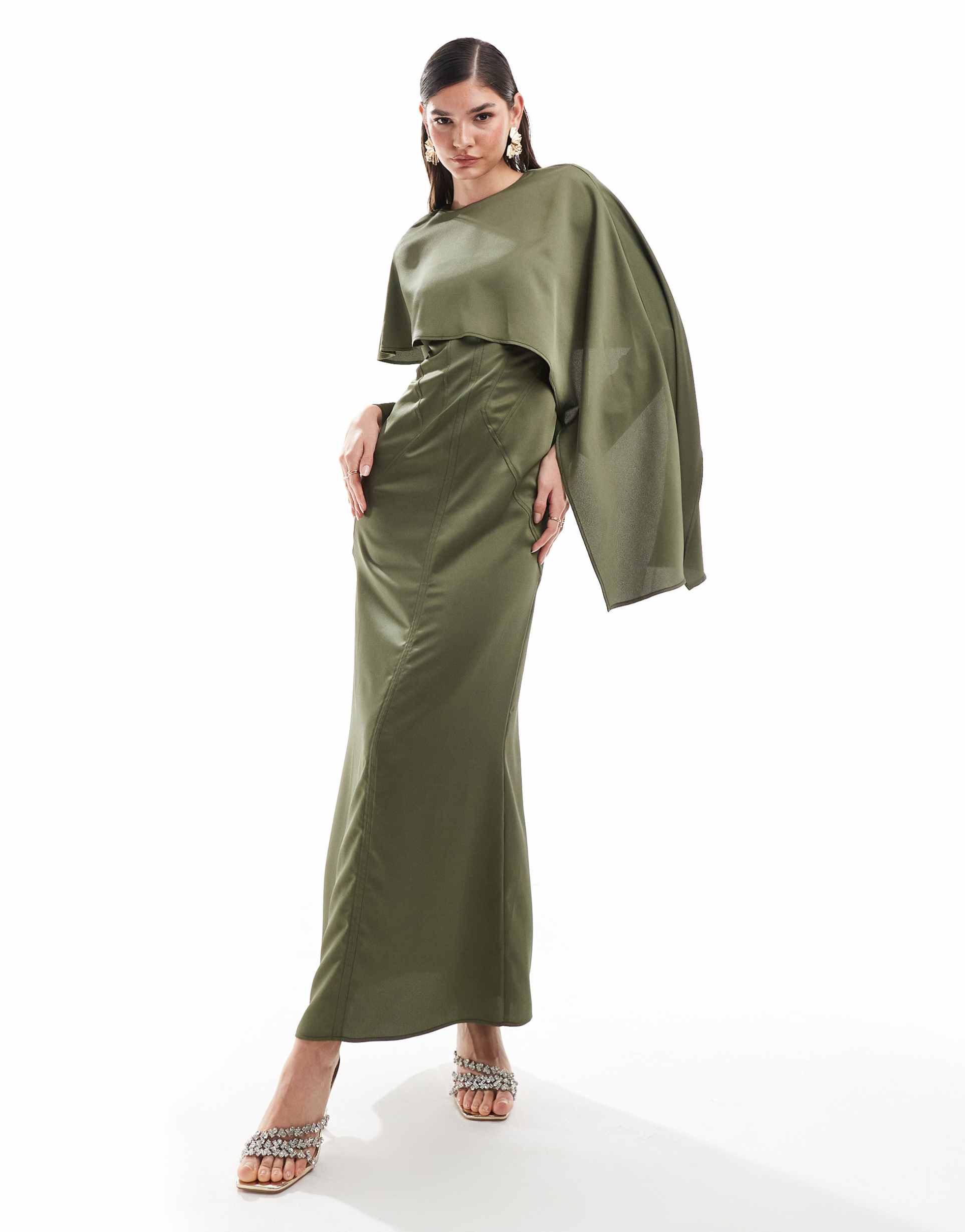 asos design satin overlay maxi dress with stitch detail in olive