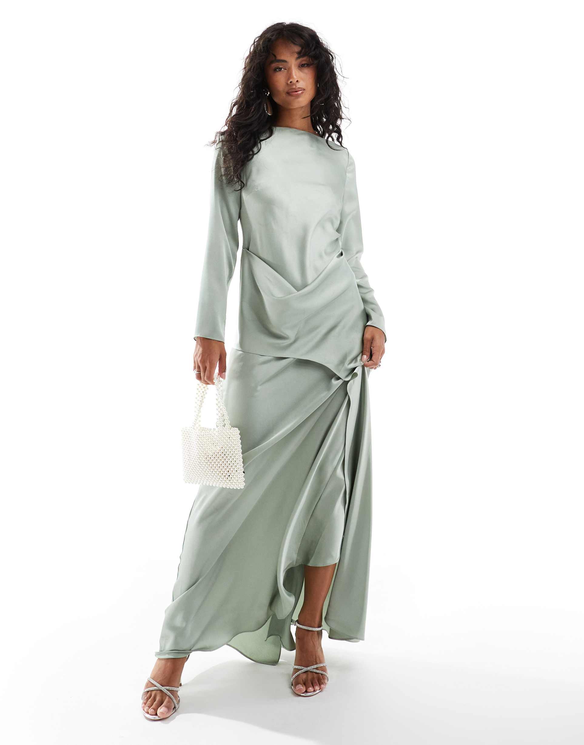 asos design satin overlayer maxi dress in sage green