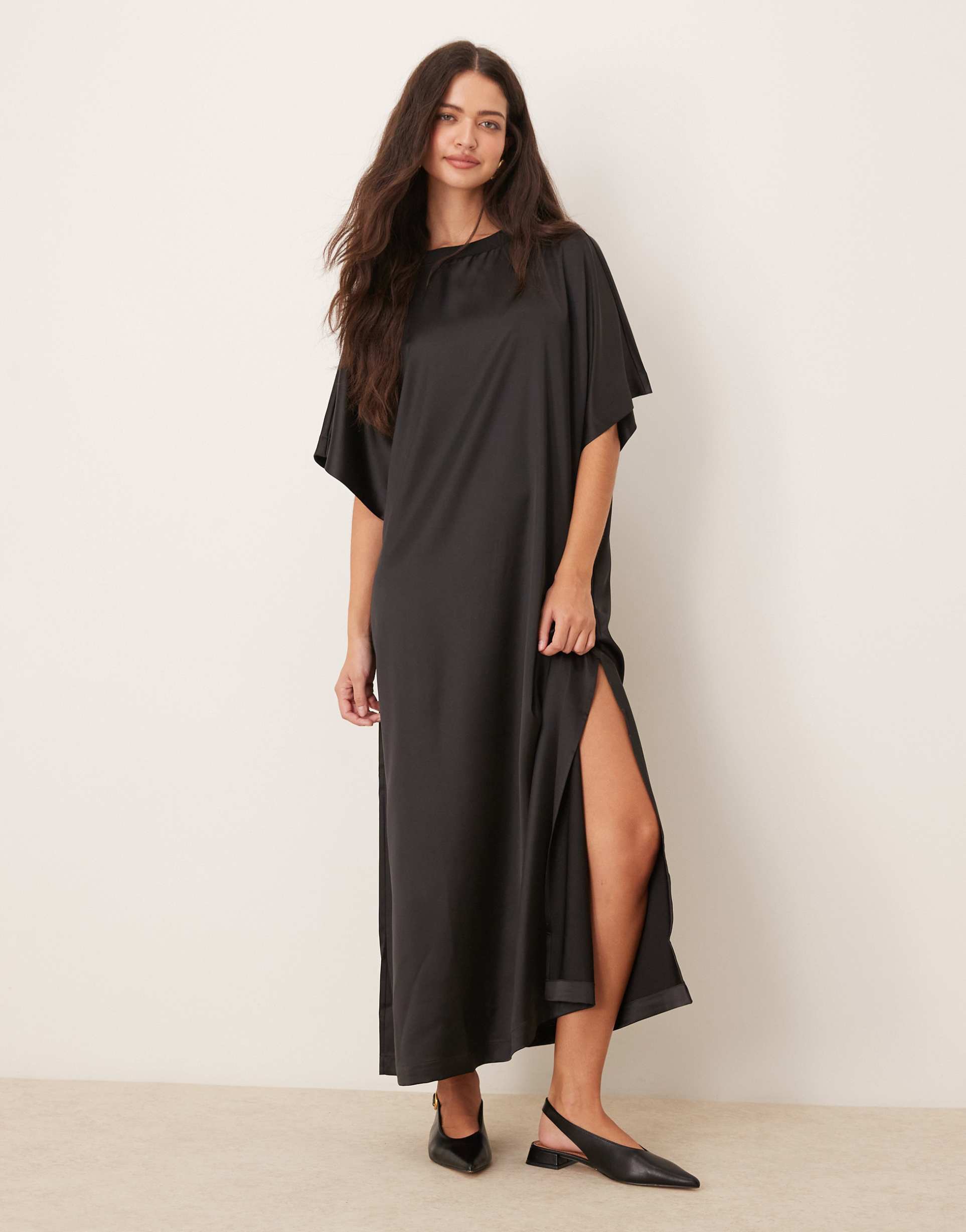 asos design satin oversized midi t-shirt dress in black