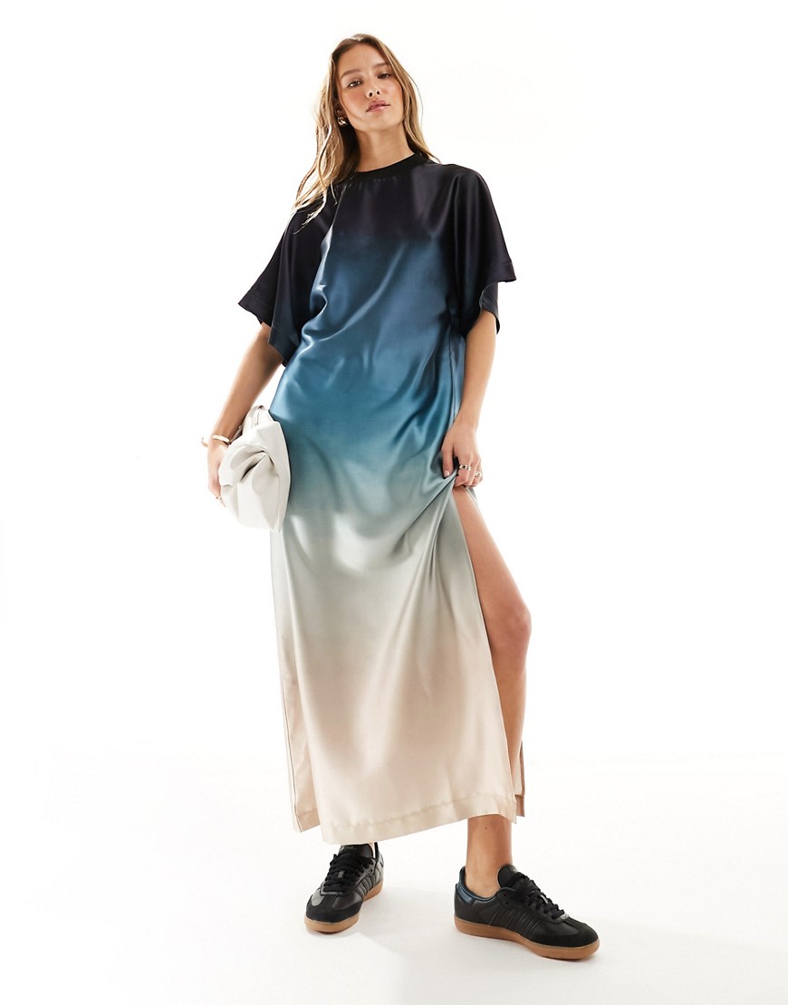 Asos Design Satin Oversized Midi T-shirt Dress In Blue Ombre-multi