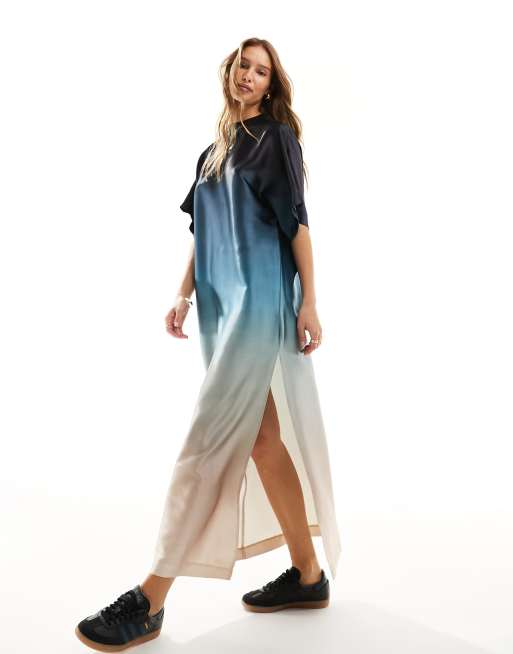 ASOS DESIGN satin oversized midi t-shirt dress in blue ombre, 3 of 4