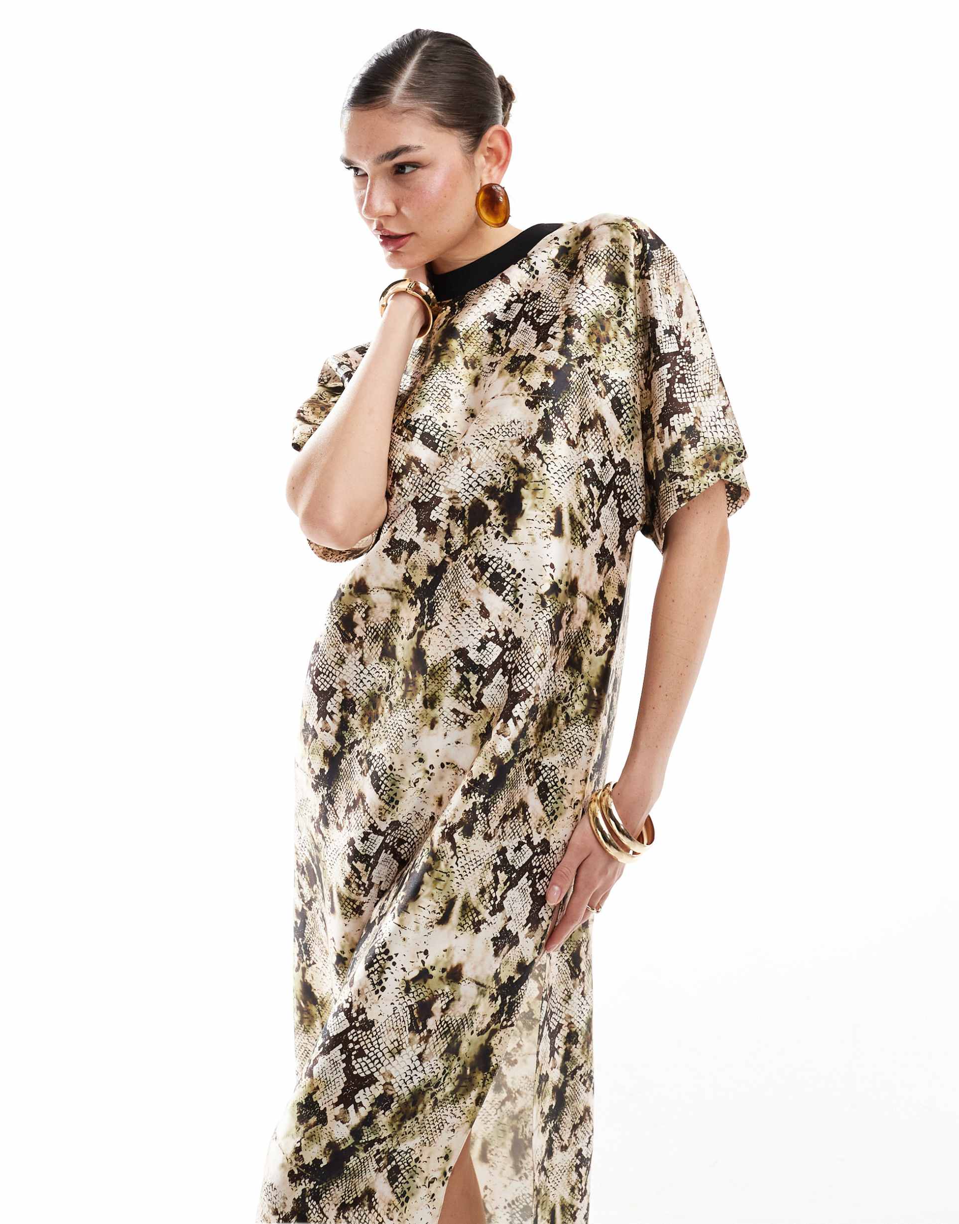 asos design satin oversized midi t-shirt dress in snake print