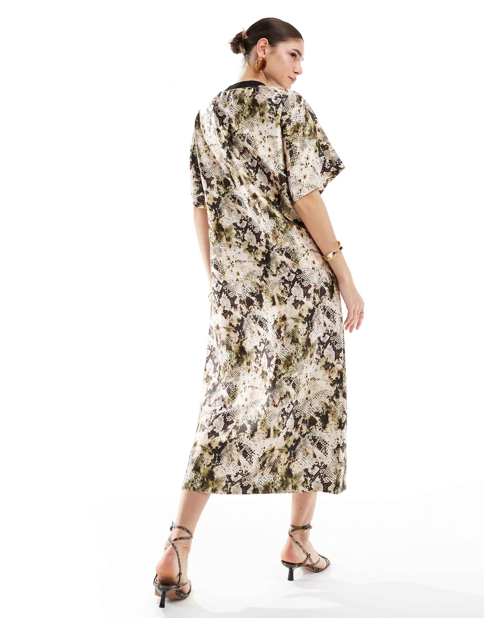 asos design satin oversized midi t-shirt dress in snake print