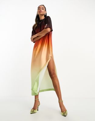 Asos Design Satin Oversized Midi Tshirt Dress In Ombre Print-multi In Multi