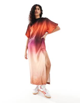 Asos Design Satin Oversized Midi Tshirt Dress In Ombre Print-multi