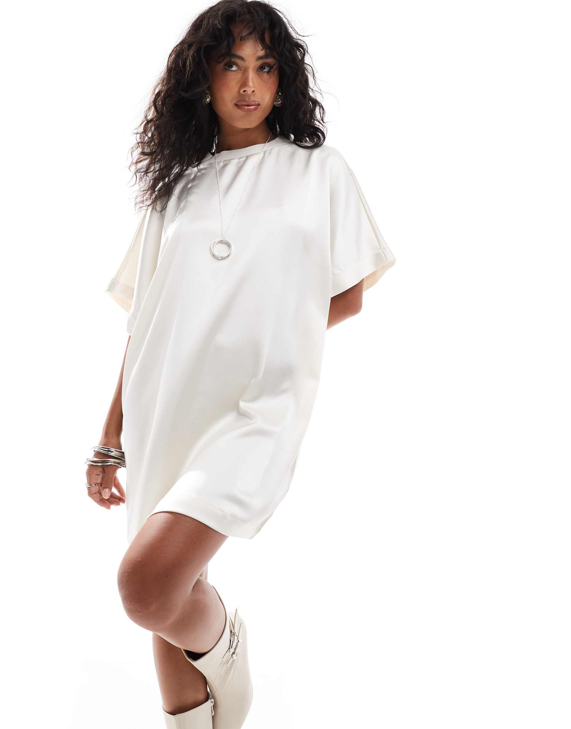 asos design satin oversized mini t-shirt dress in ivory