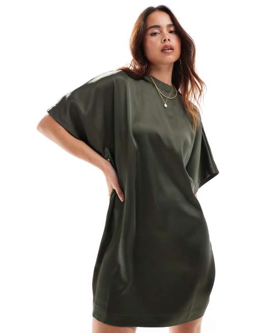 ASOS DESIGN satin oversized mini T-shirt dress in khaki
