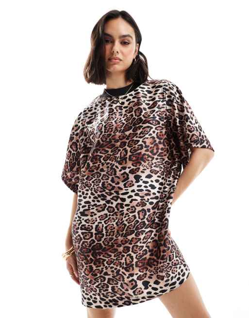 ASOS DESIGN satin oversized mini t shirt dress in leopard print