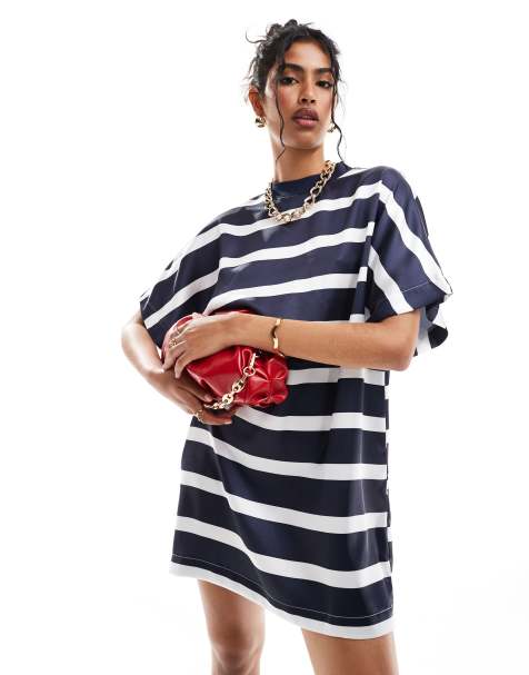 ASOS DESIGN satin oversized mini t-shirt dress in navy stripe - view 1