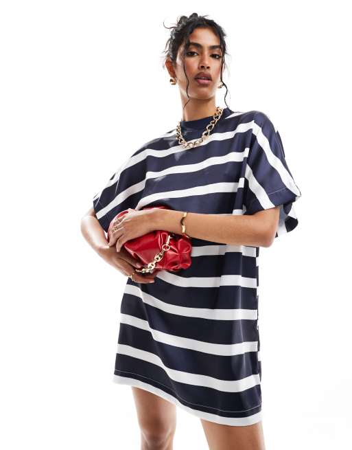 ASOS DESIGN satin oversized mini T-shirt dress in navy stripe