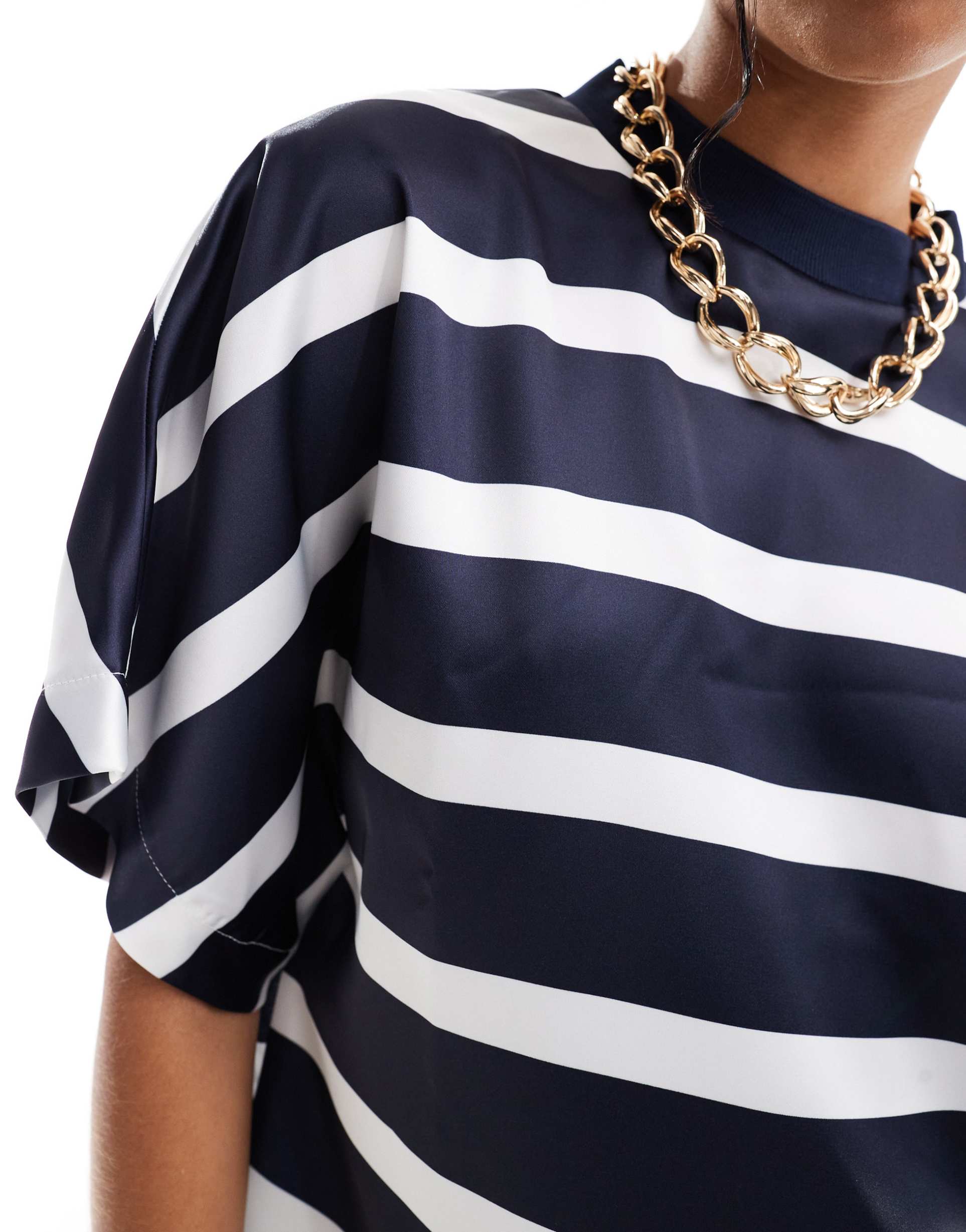 asos design satin oversized mini t-shirt dress in navy stripe