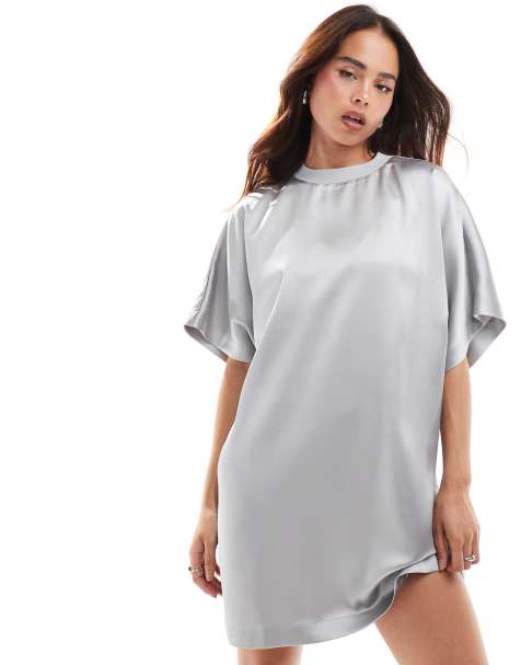 ASOS DESIGN satin oversized mini t-shirt dress in silver - view 1