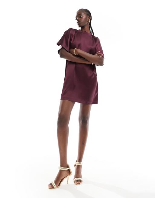 ASOS DESIGN satin oversized mini tshirt dress in burgundy