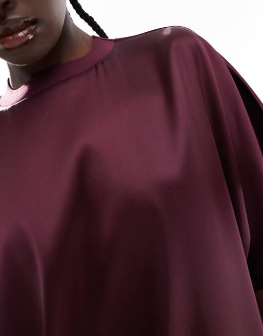 ASOS DESIGN satin oversized mini tshirt dress in burgundy
