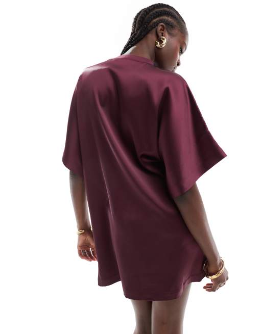 ASOS DESIGN satin oversized mini tshirt dress in burgundy