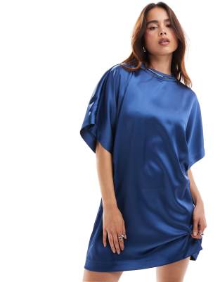 asos design satin oversized mini tshirt dress in denim blue