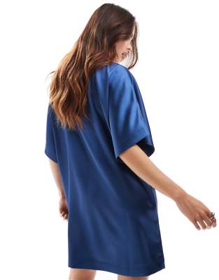 asos design satin oversized mini tshirt dress in denim blue
