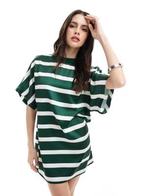 Asos Design Satin Oversized Mini Tshirt Dress In Green Stripe-multi