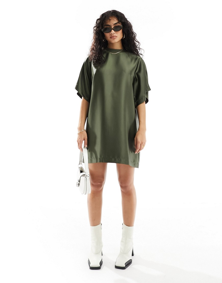 ASOS DESIGN satin oversized mini tshirt dress in khaki-Green