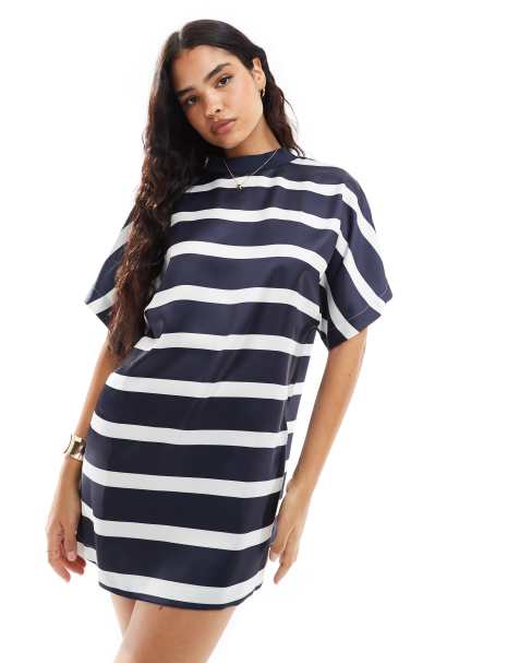 ASOS DESIGN satin oversized mini tshirt dress in navy stripe - view 1