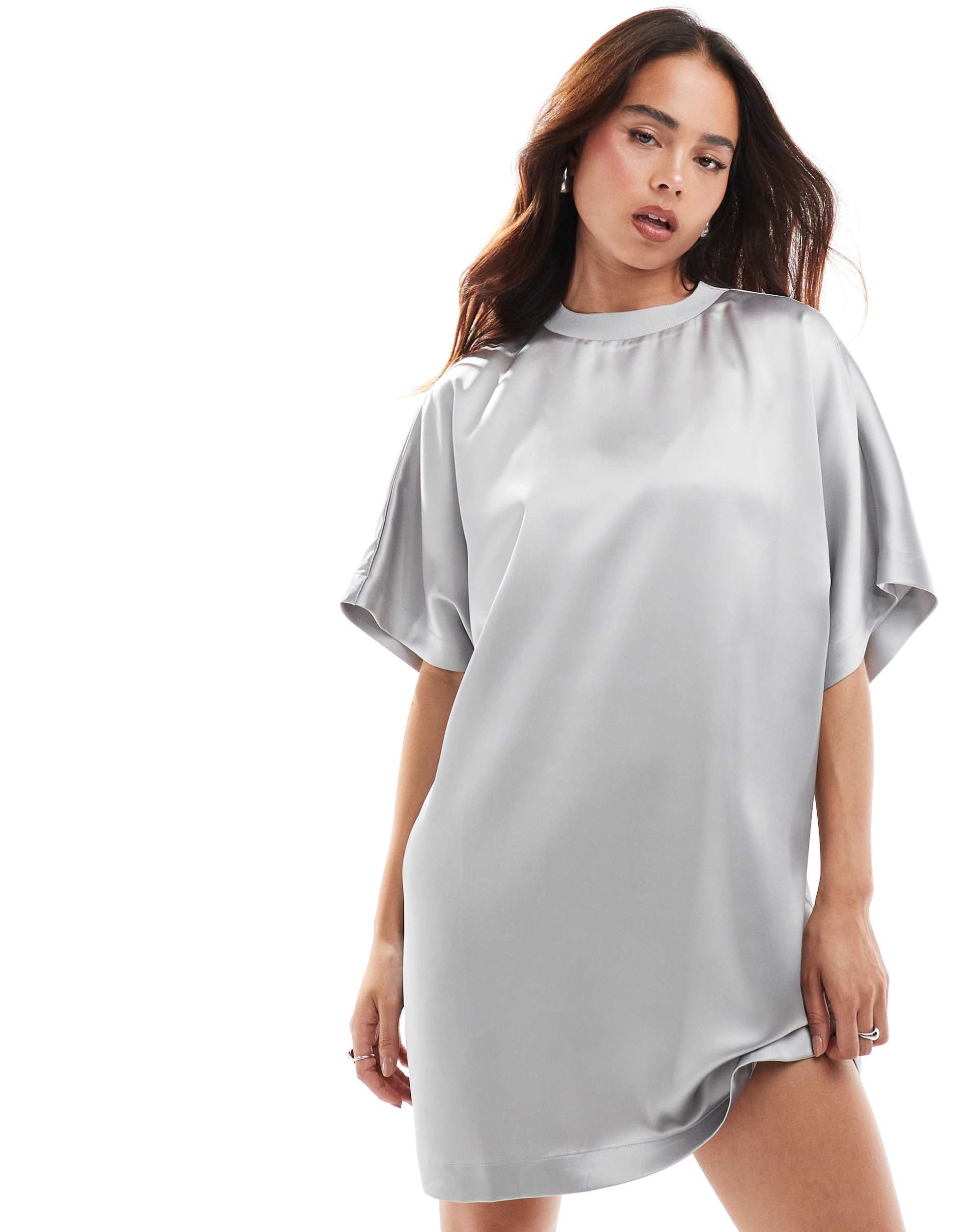 asos design satin oversized mini tshirt dress in silver