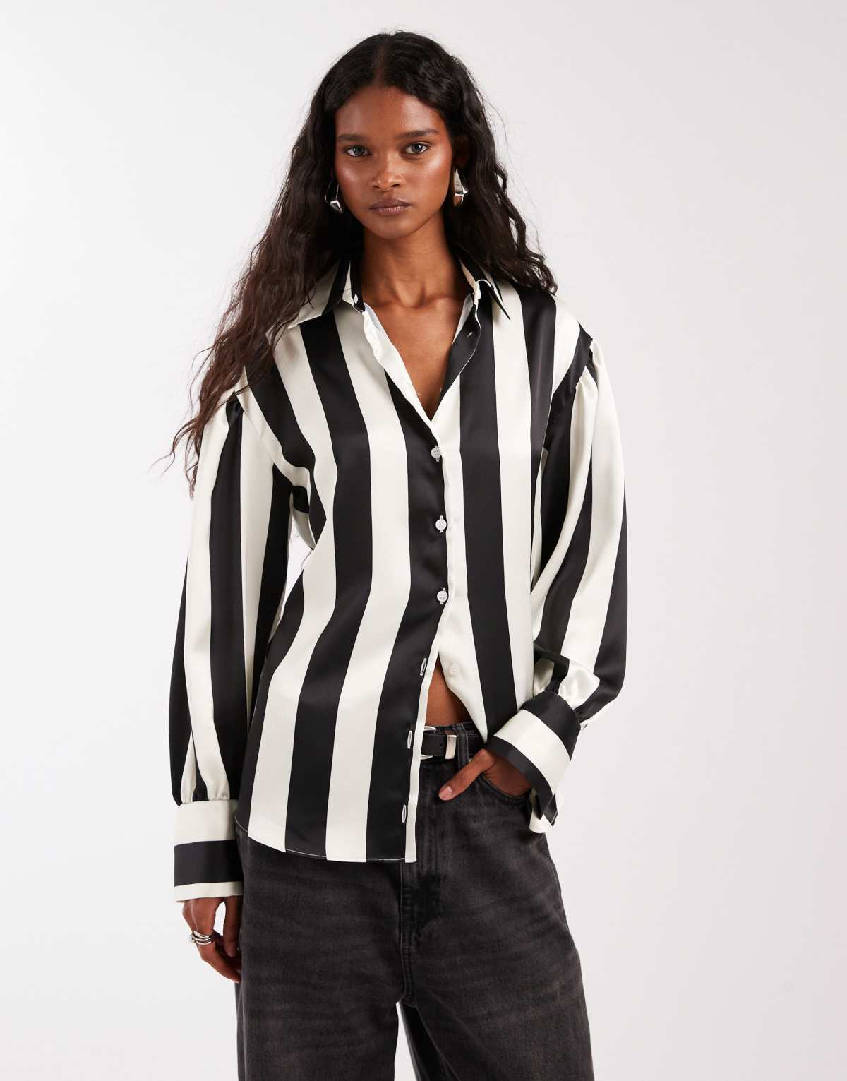 ASOS DESIGN satin oversized shirt in black stripe