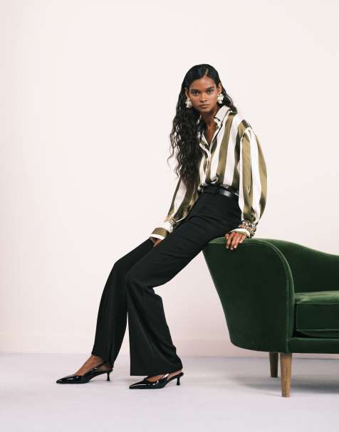 ASOS DESIGN satin oversized shirt in olive stripe - view 1