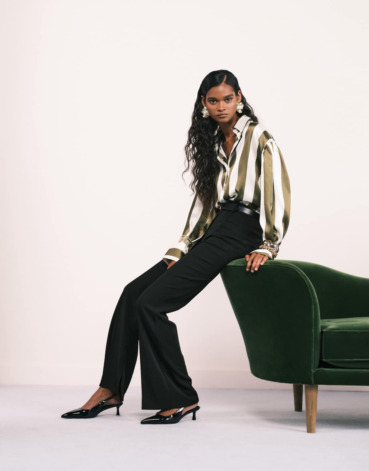 ASOS DESIGN satin oversized shirt in olive stripe
