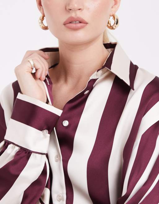 ASOS DESIGN satin oversized shirt in plum wide stripe, 2 of 4