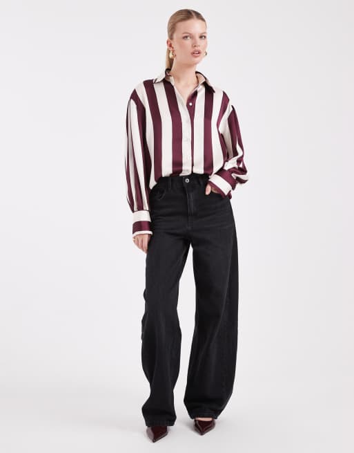 ASOS DESIGN satin oversized shirt in plum wide stripe, 3 of 4