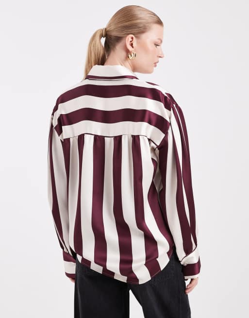 ASOS DESIGN satin oversized shirt in plum wide stripe, 4 of 4