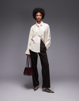 Asos Design Satin Oversized Shirt With Necktie In Neutral