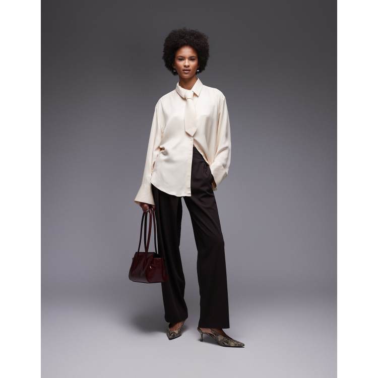 ASOS DESIGN satin oversized shirt with necktie in stone | ASOS